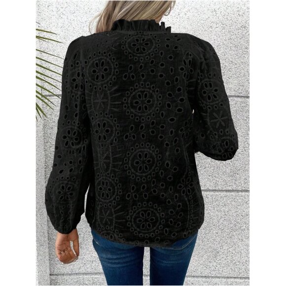 Notched Neckline Lantern Sleeve Eyelet Embroidery Blouse Black - Picture 5 of 10